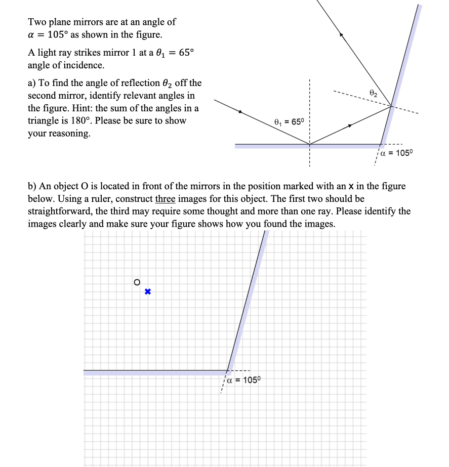 Solved Two plane mirrors are at an angle of α=105∘ as shown