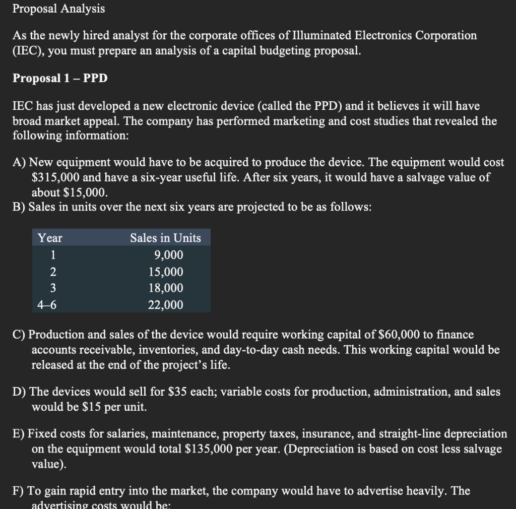 Solved Proposal Analysis As the newly hired analyst for the | Chegg.com