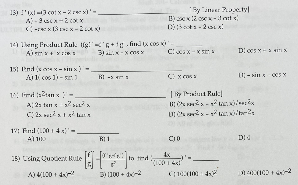 Solved 13) f'(x) =(3 cot x 2 csc x)' = A) 3 csc x + 2