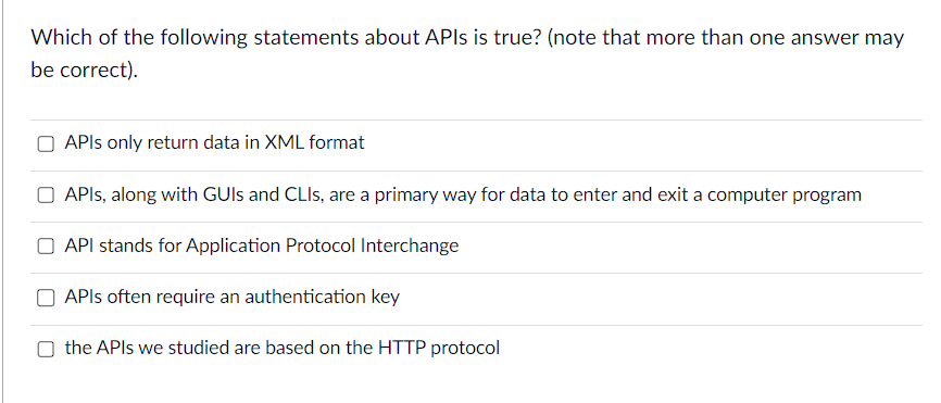 Solved Which of the following statements about APIs is true? | Chegg.com image.