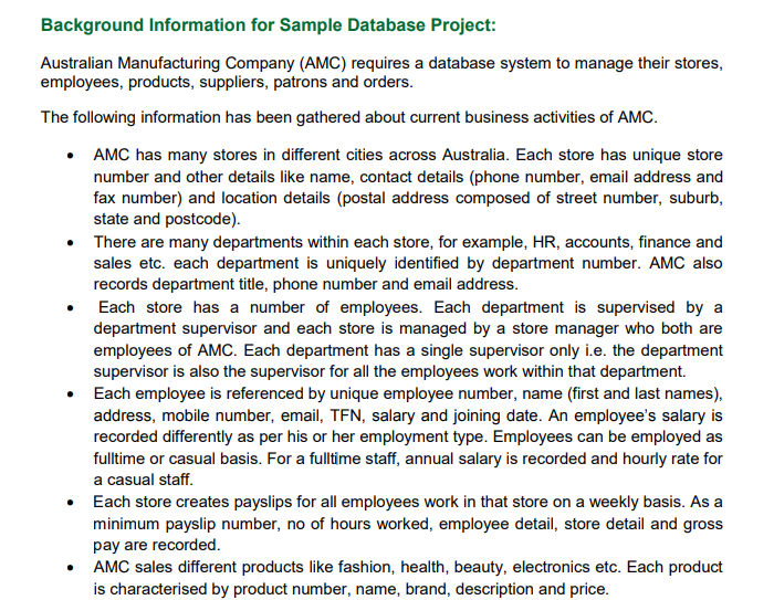 Solved Background Information for Sample Database Project: | Chegg.com