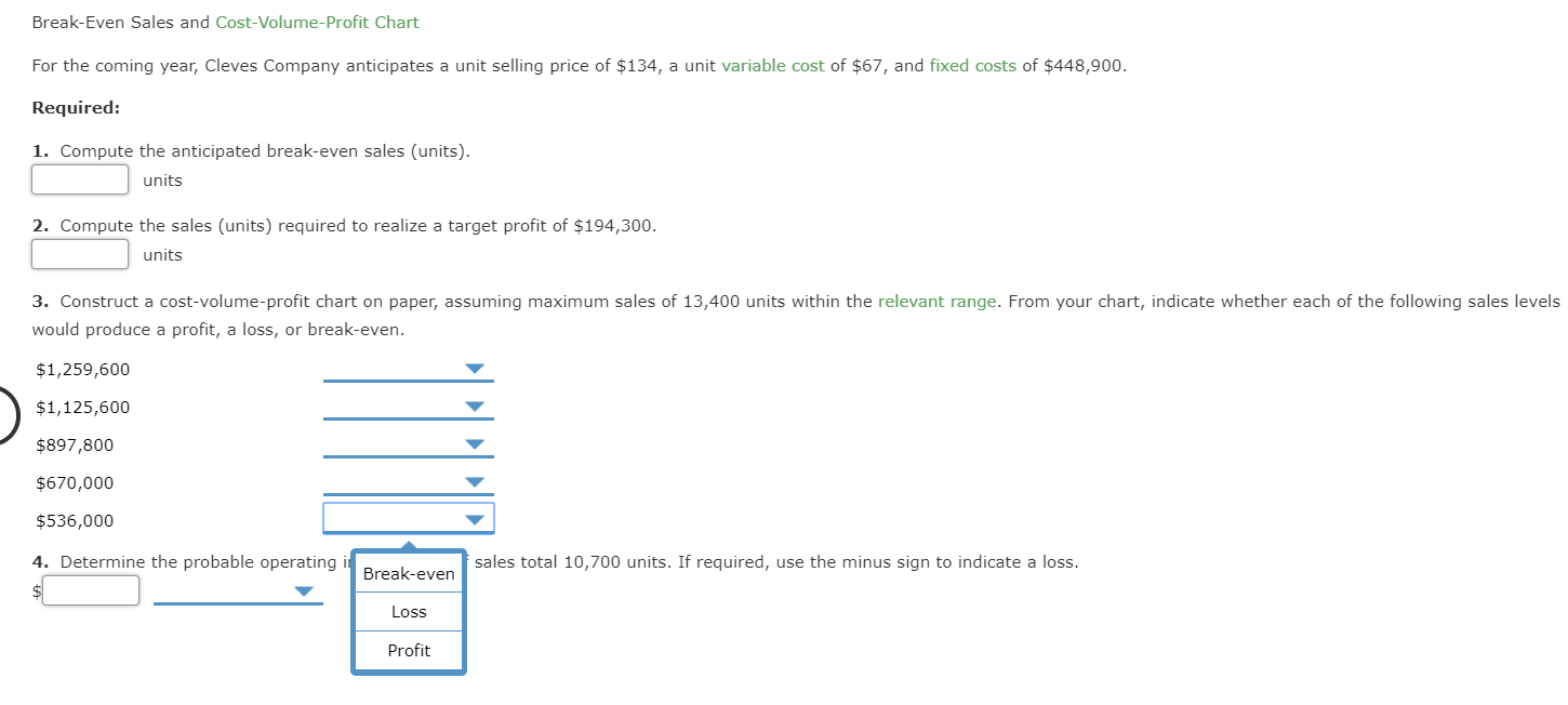 Solved BreakEven Sales and CostVolumeProfit Chart For the