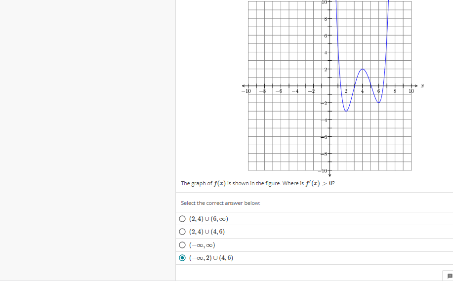 The graph of \( f(x) \) is shown in the figure. Where is \( f^{\prime}(x)>0 \) ?
Select the correct answer below:
\[
\begin{a