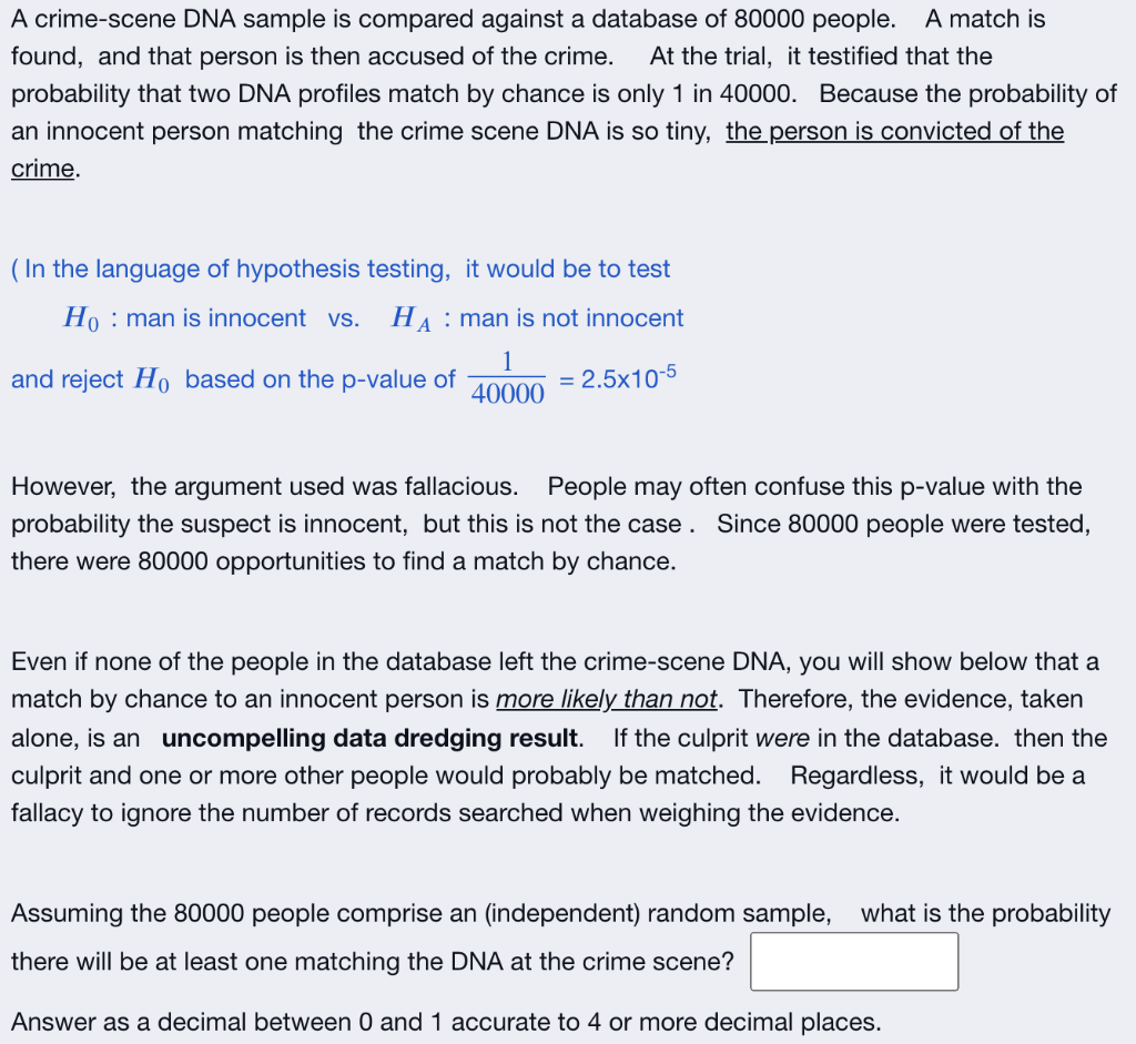 Solved A crime-scene DNA sample is compared against a | Chegg.com