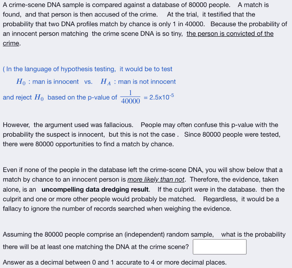 Solved A Crime-scene DNA Sample Is Compared Against A | Chegg.com