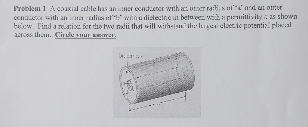 Solved Problem 1 A coaxial cable has an inner conductor with | Chegg.com