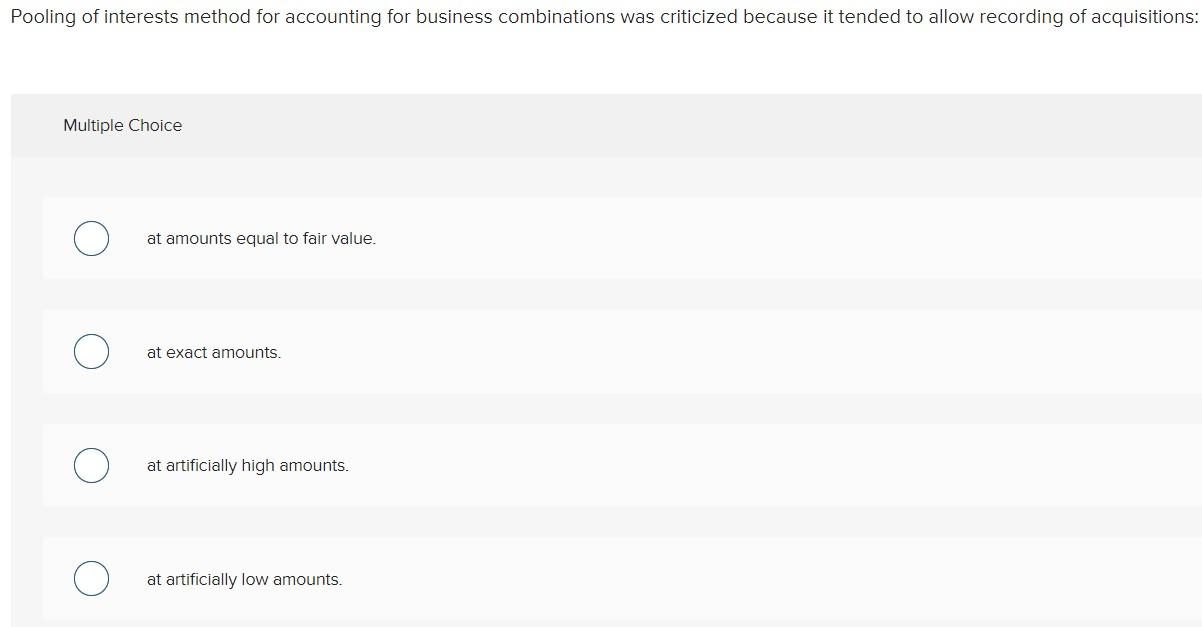 Solved Pooling of interests method for accounting for | Chegg.com