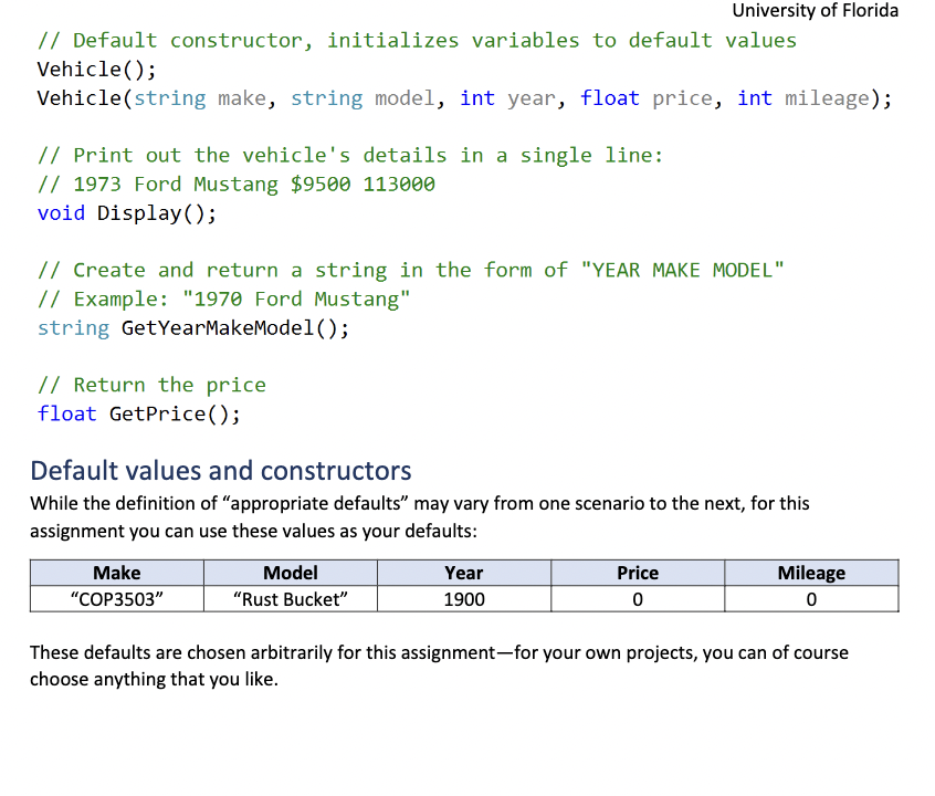 University of Florid
// Default constructor, initializes variables to default values
Vehicle();
Vehicle(string make, string m