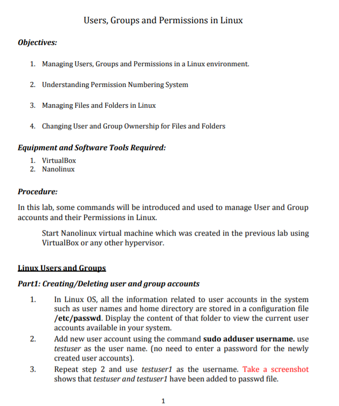 Solved Users, Groups And Permissions In Linux Objectives: 1. | Chegg.com