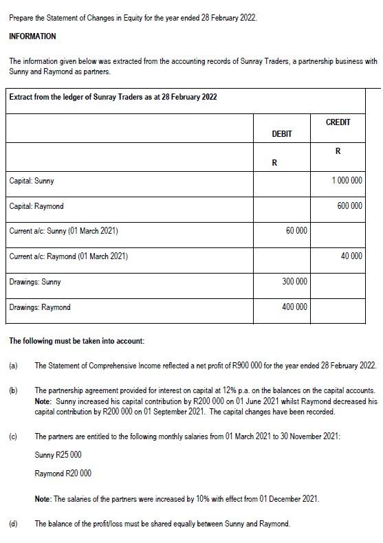 Solved Prepare the Statement of Changes in Equity for the | Chegg.com