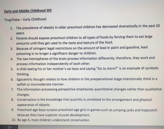 Solved Early and Middle Childhood WS True False Early Chegg