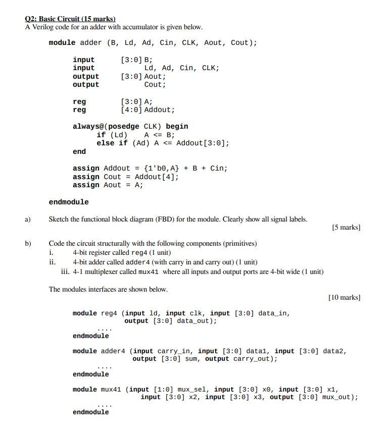 02: Basic Circuit (15 marks) A Verilog code for an | Chegg.com