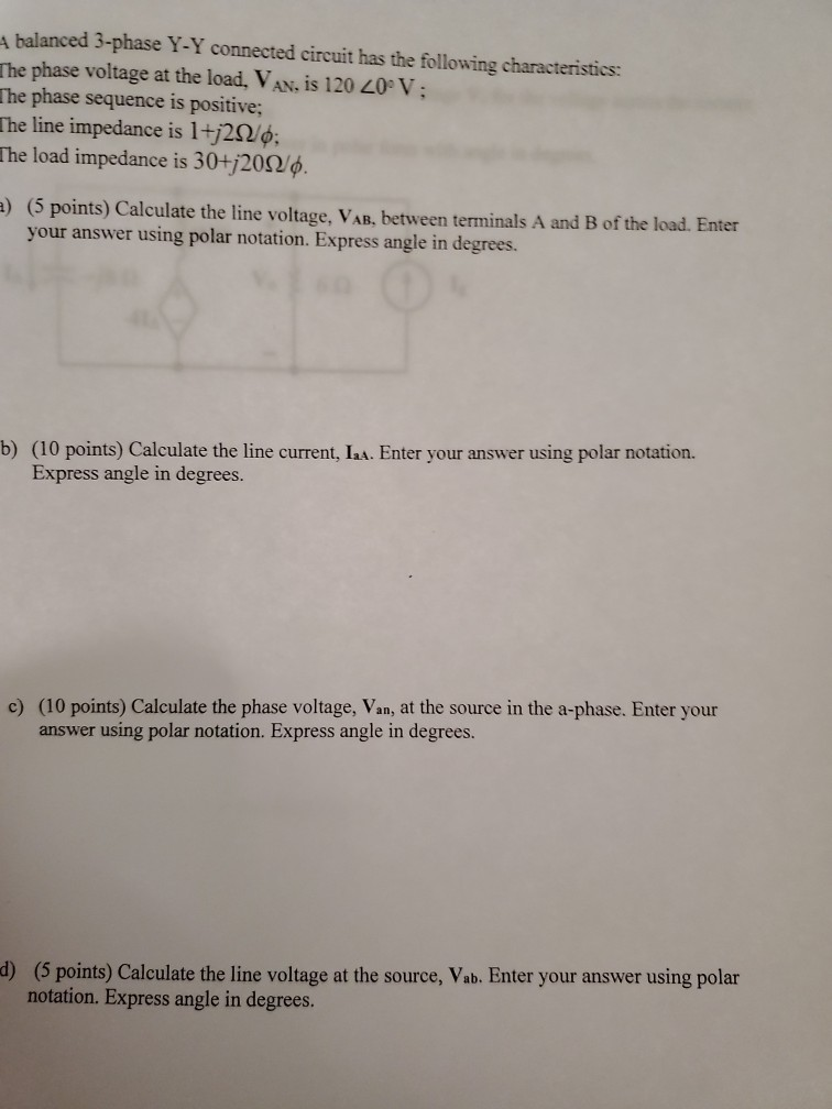Solved balanced 3-phase Y-Y connected circuit has the | Chegg.com