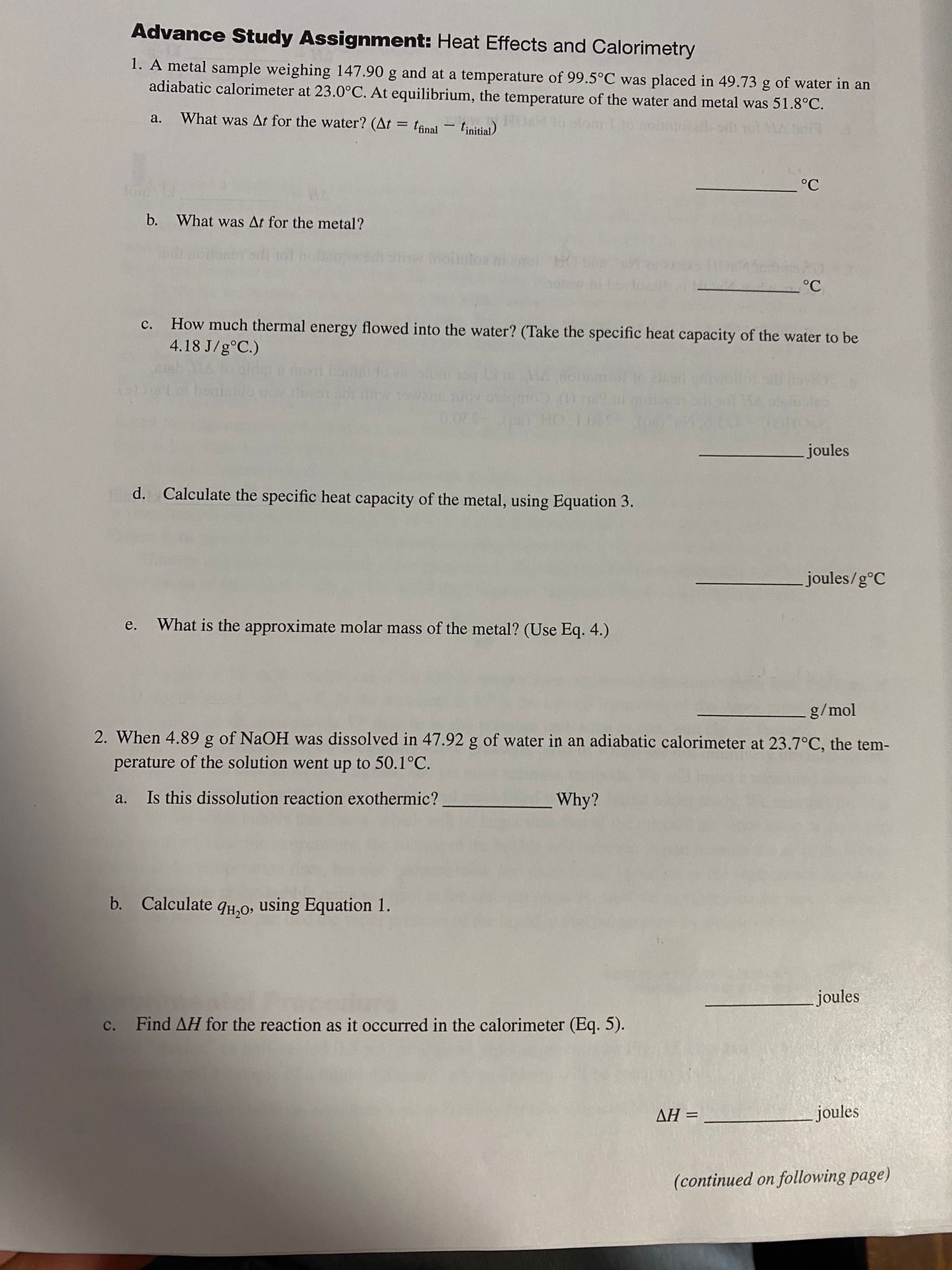 106 Experiment 14 Heat Effects and Calorimetry d.
