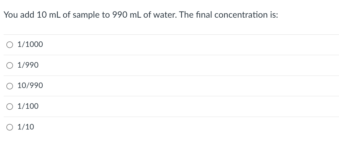 Solved You add 10 mL of sample to 990 mL of water. The final | Chegg.com