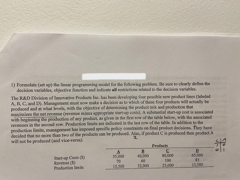 Solved 1) Formulate (set up the linear programming model for | Chegg.com
