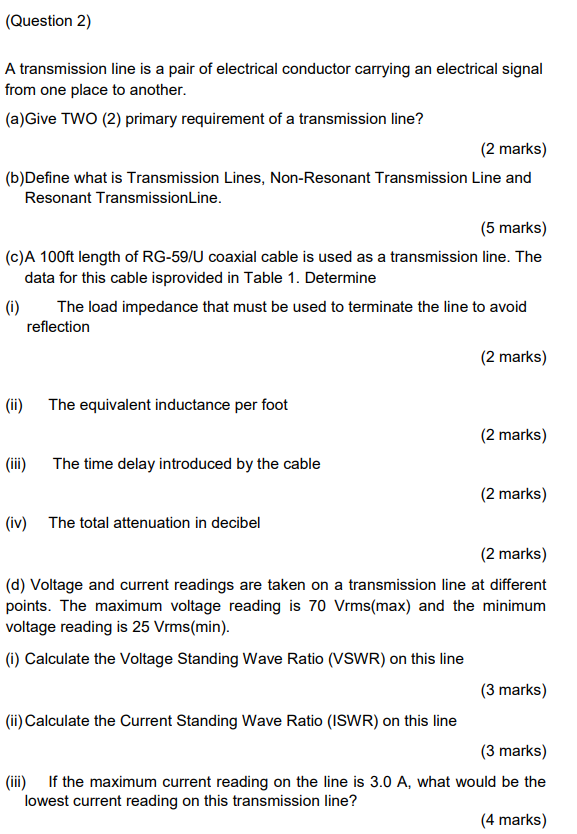 Solved (Question 2) A transmission line is a pair of | Chegg.com