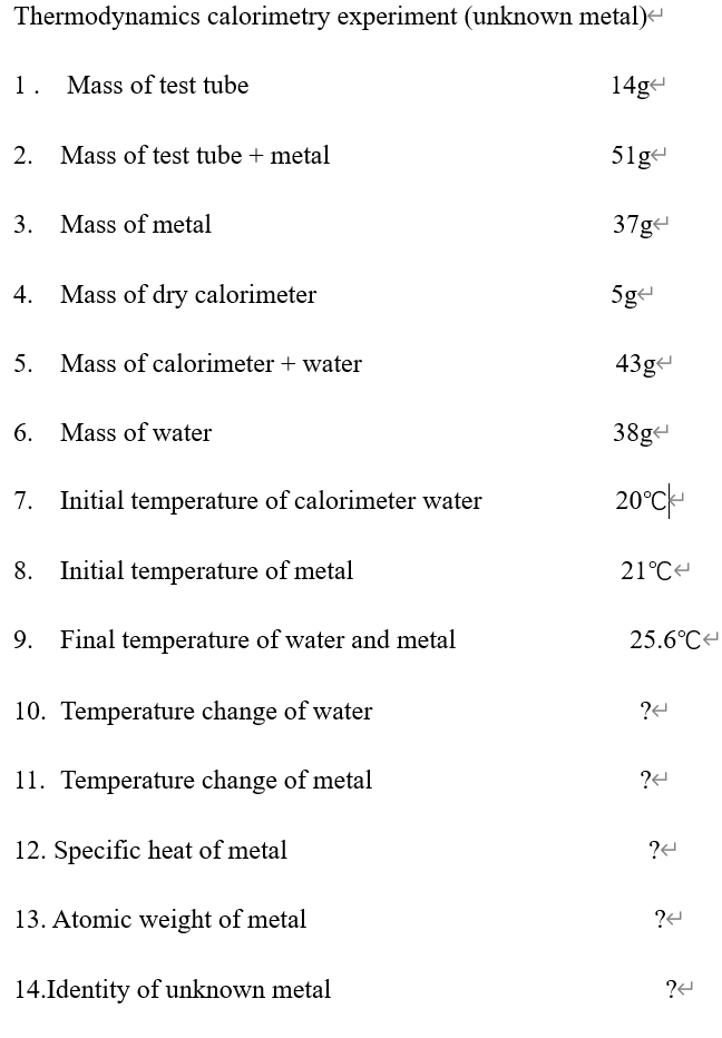 Thermodynamics calorimetry experiment (unknown metal)