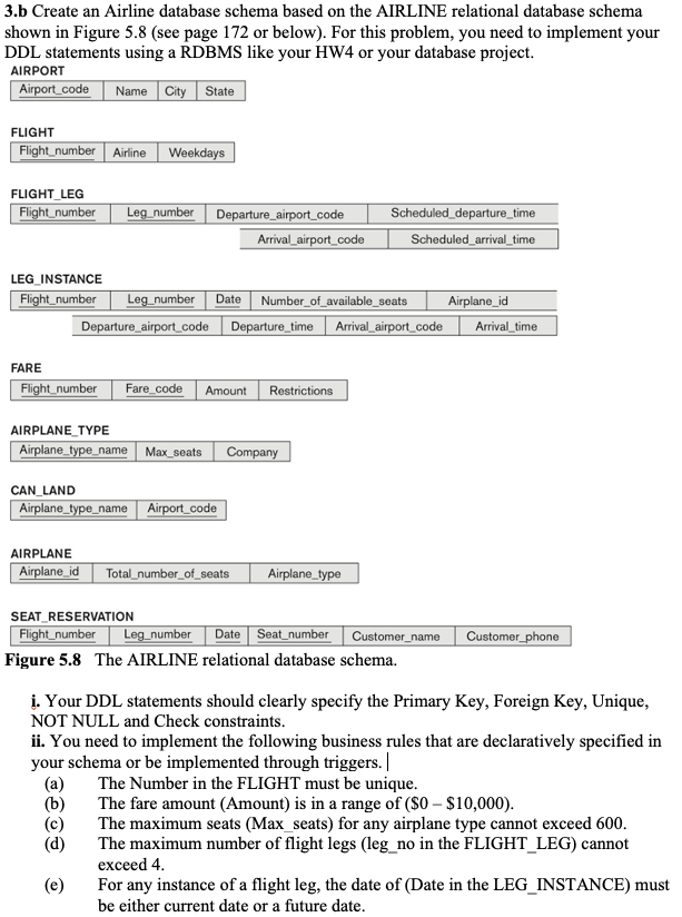 3.b Create an Airline database schema based on the AIRLINE relational database schema
shown in Figure 5.8 (see page 172 or be