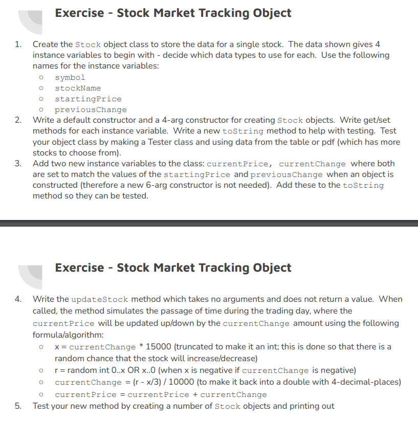 Solved Exercise - Stock Market Tracking Object O O 1. Create | Chegg.com