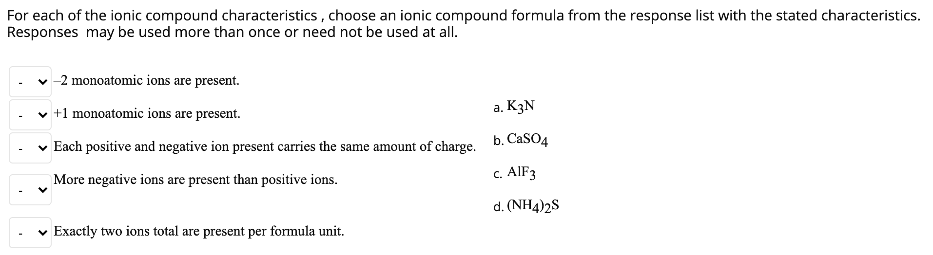 Solved For each of the ionic compound characteristics , | Chegg.com