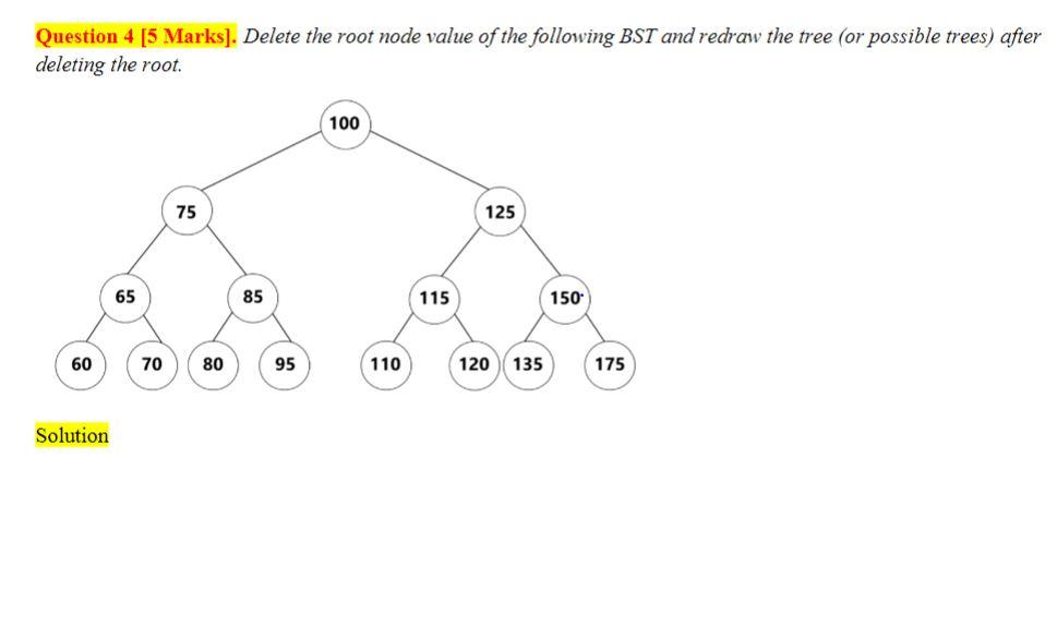 Solved Question 4 [5 Marks]. Delete the root node value of | Chegg.com