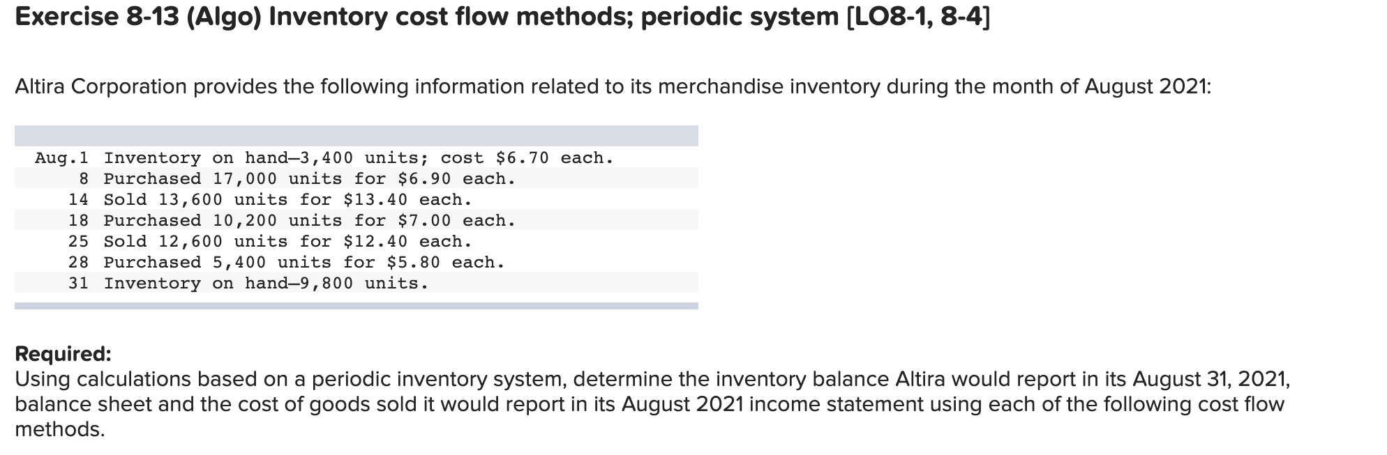 Solved Exercise 8-13 (Algo) Inventory cost flow methods; | Chegg.com