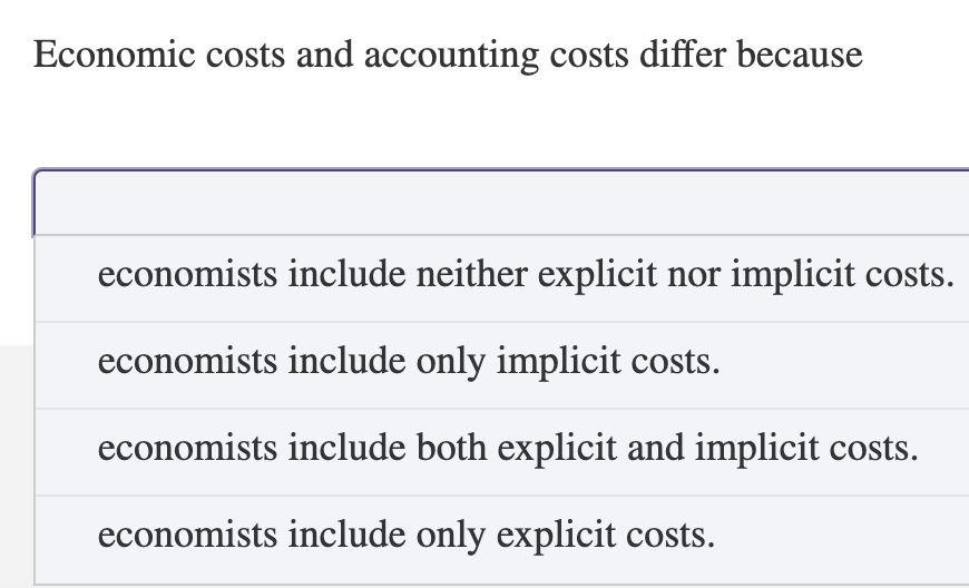 Economic Costs And Accounting Costs Differ Because Solved Economic costs and accounting costs differ | Chegg.com