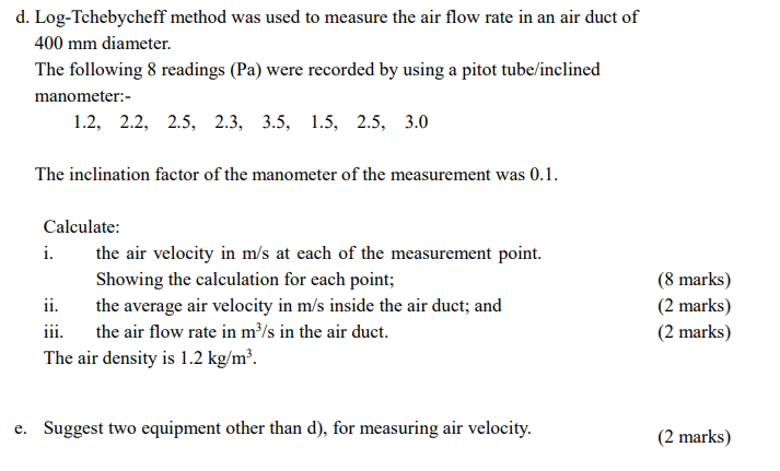 Solved d. Log-Tchebycheff method was used to measure the air | Chegg.com