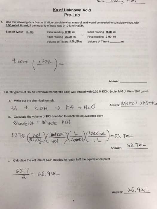 Solved Name22P Ka of Unknown Acid PreLab Use the following