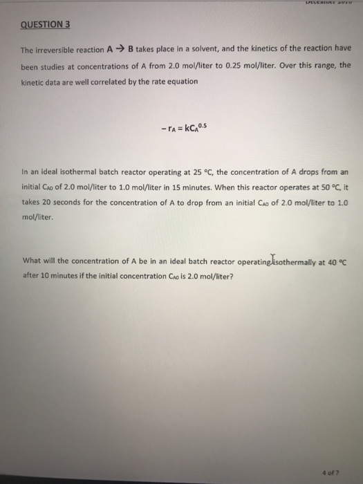 Solved QUESTION 3 The irreversible reaction A → B takes | Chegg.com