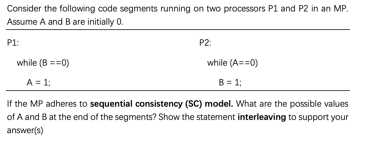 Solved Consider the following code segments running on two | Chegg.com