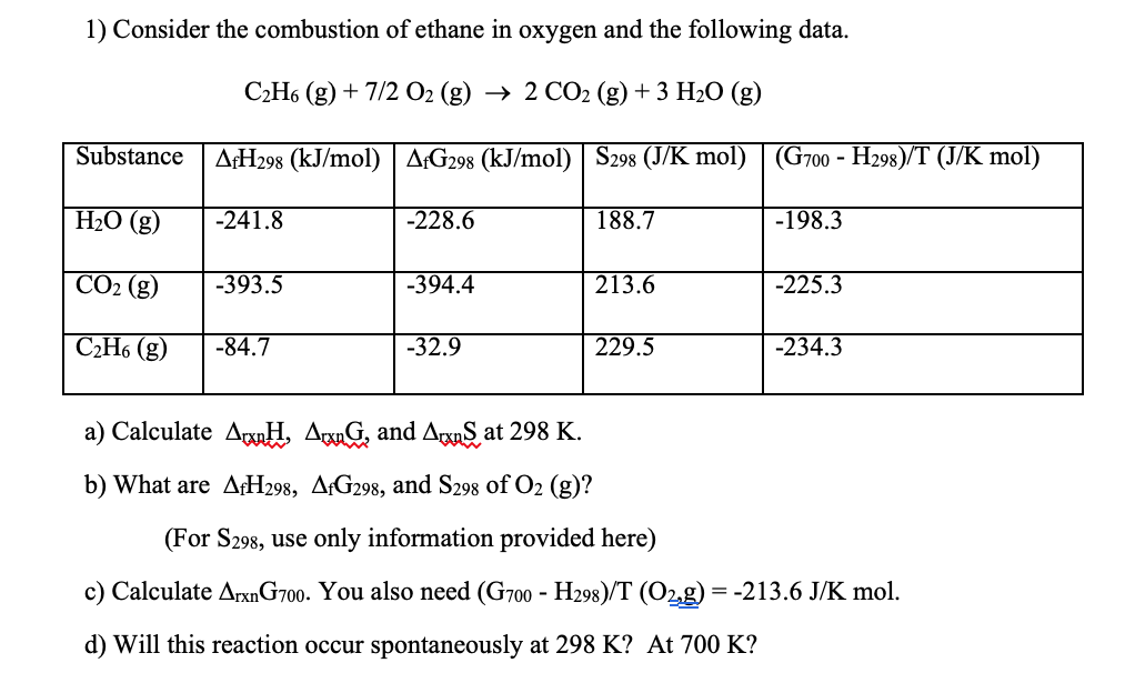 Solved 1) Consider the combustion of ethane in oxygen and | Chegg.com