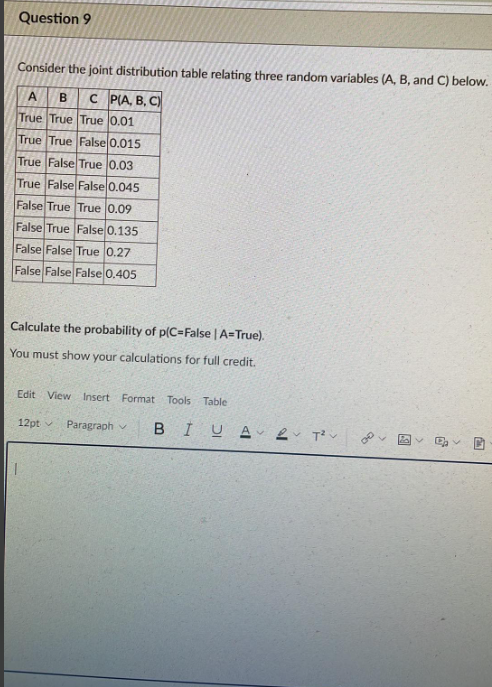 Solved Consider the joint distribution table relating three | Chegg.com