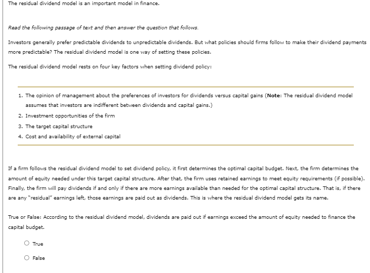 Solved The residual dividend model is an important model in