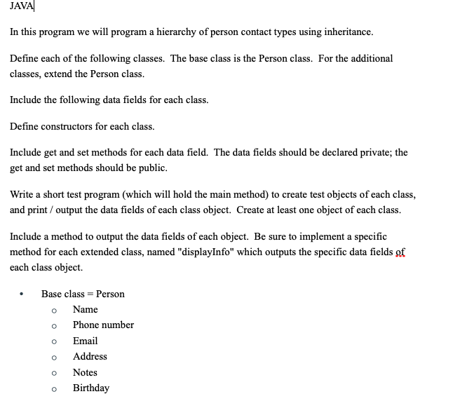 Solved JAVA In this program we will program a hierarchy of | Chegg.com