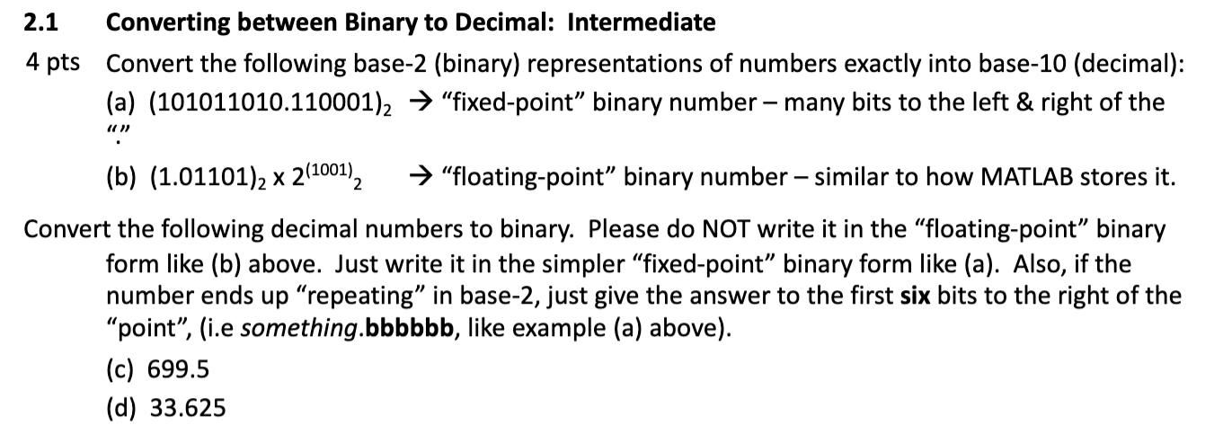 Solved 2.1 Converting between Binary to Decimal: | Chegg.com