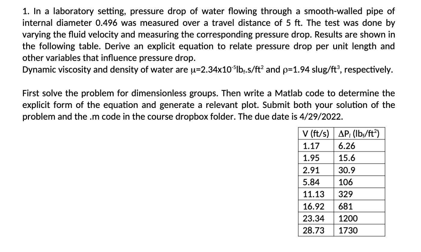 Solved 1. In a laboratory setting, pressure drop of water | Chegg.com