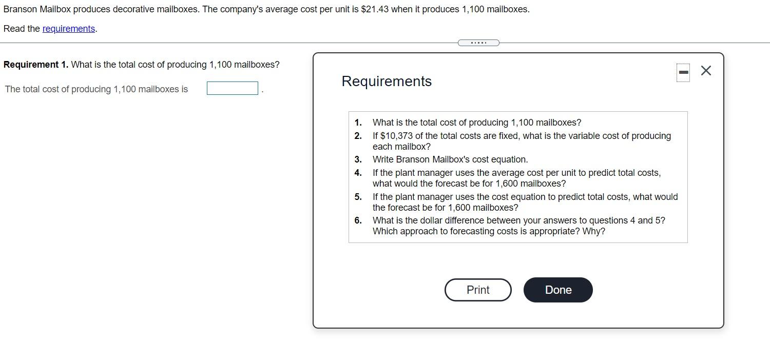 Solved Branson Mailbox produces decorative mailboxes. The