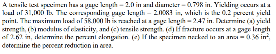 Solved A tensile test specimen has a gage length = 2.0 in | Chegg.com