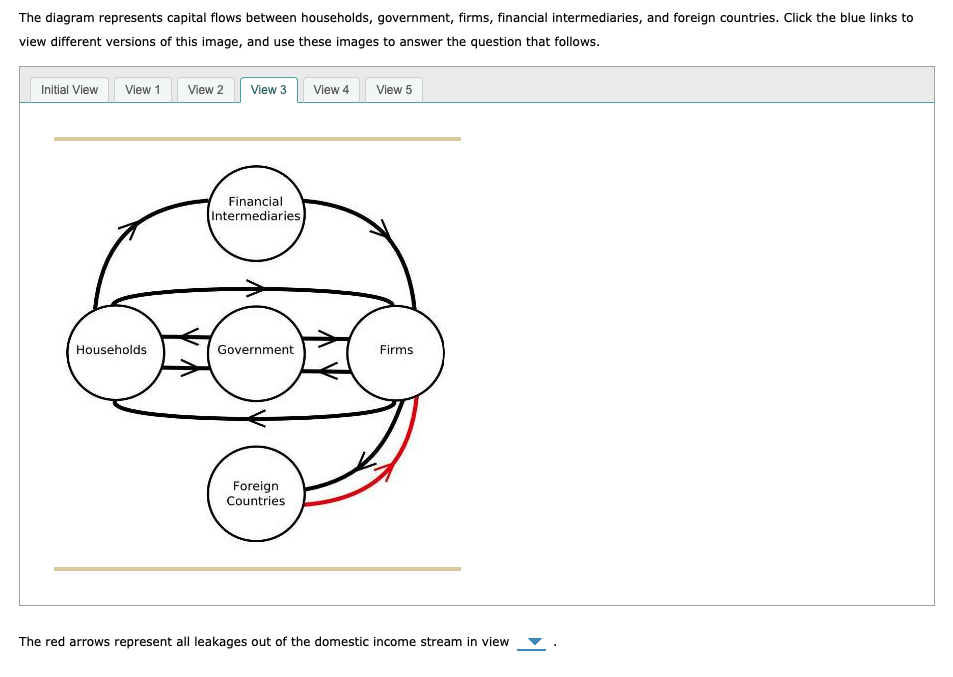 The diagram represents capital flows between households, government, firms, financial intermediaries, and foreign countries. 