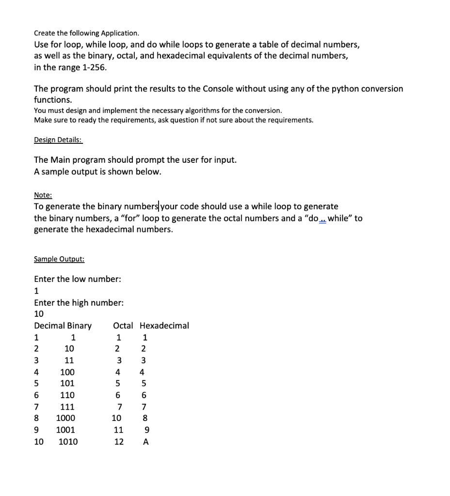 Solved Create the following Application. Use for loop, while | Chegg.com image.