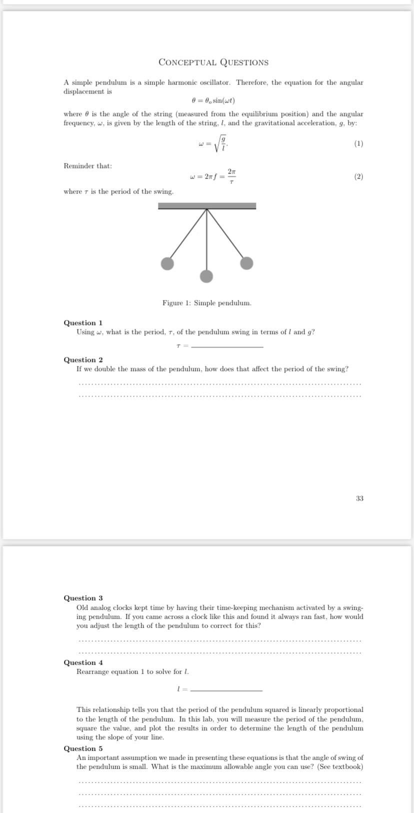 Solved Physics Lab CONCEPTUAL QUESTION. A simple pendulum is | Chegg.com