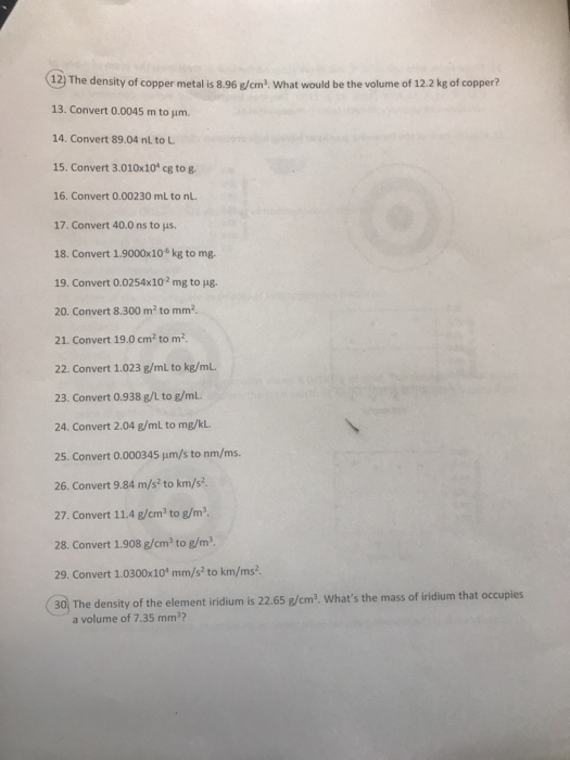 Solved 12) The density of copper metal is 8.96 g/cm2. What