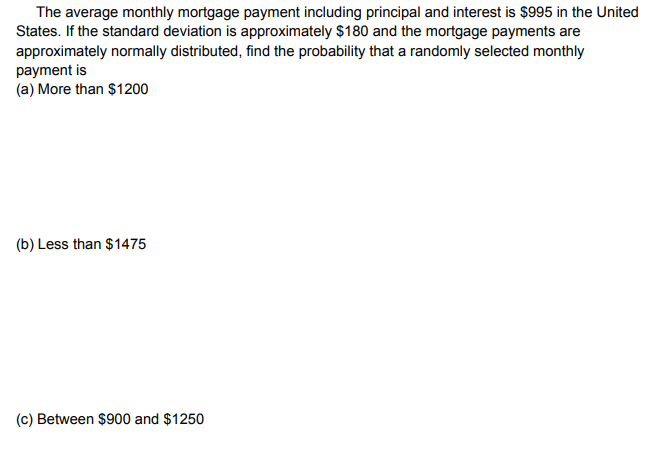 Solved The Average Monthly Mortgage Payment Including Chegg