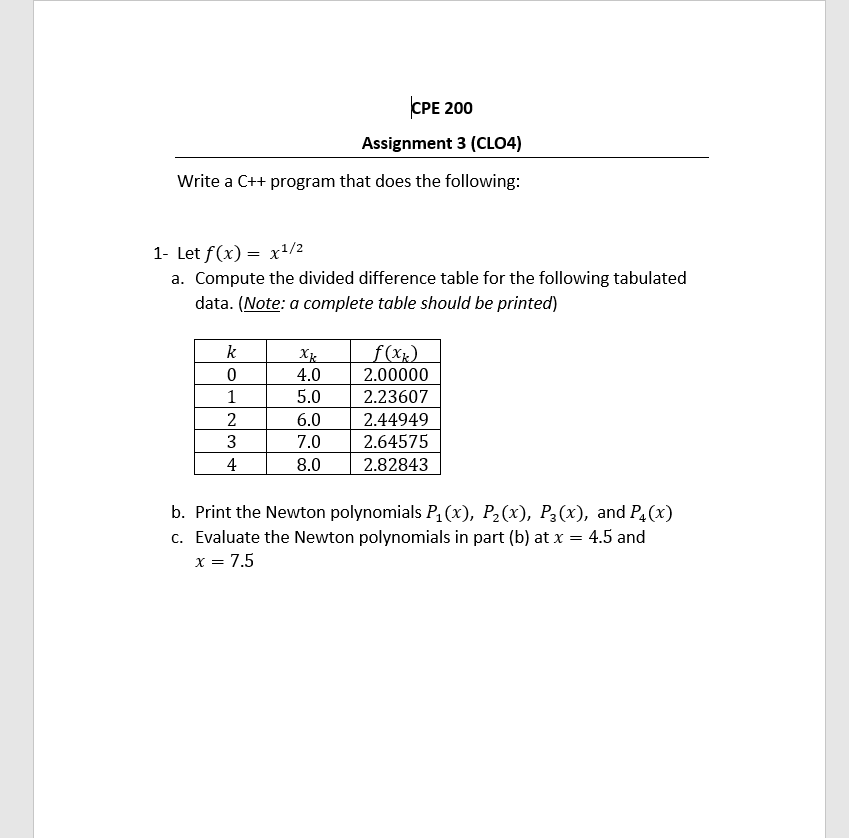 Solved CPE 200 Assignment 3 (CLO4) Write a C++ program that | Chegg.com