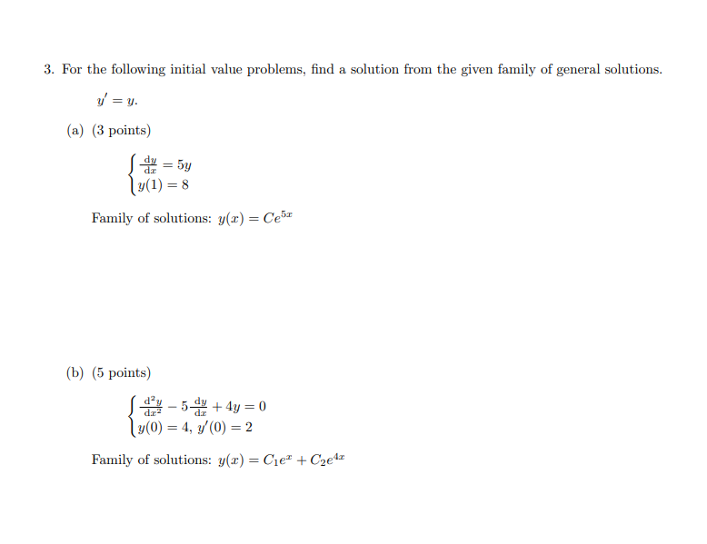 3. For the following initial value problems, find a solution from the given family of general solutions.
\[
y^{\prime}=y .
\]