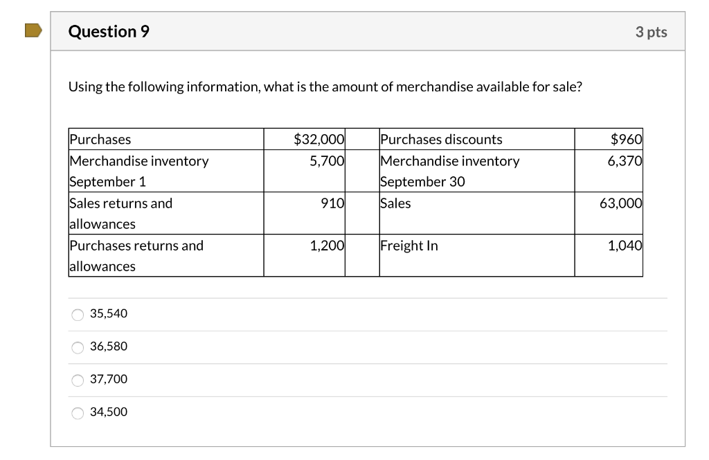 Solved Question 9 3 pts Using the following information, | Chegg.com
