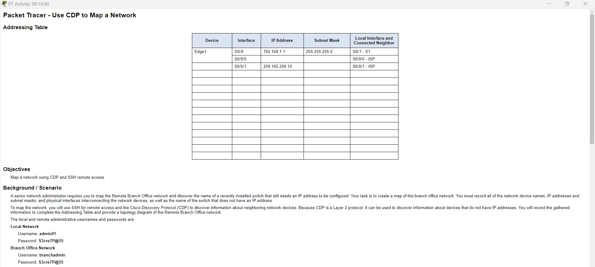 Solved Packet Tracer - ﻿Use CDP to Map a NetworkAddressing | Chegg.com