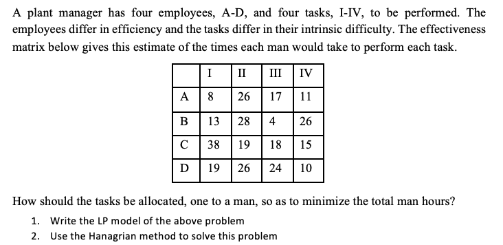 Solved A plant manager has four employees, A-D, and four | Chegg.com